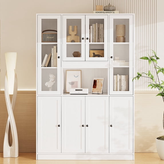 RichYa 71'' Tall 3 Tier Bookshelf and Bookcase, Vertical File Cabinet with Open Display Storage Cabinets Shelf, Pantry Cabinet with Glass Doors for Home Office, White