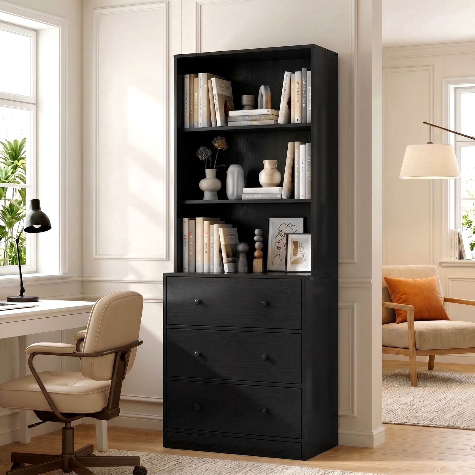 RichYa 71'' Tall Bookcase with 3 Drawers,3 Open Display Bookshelves,6-Tier Storage Cabinet for Home Office,Living Room,Black