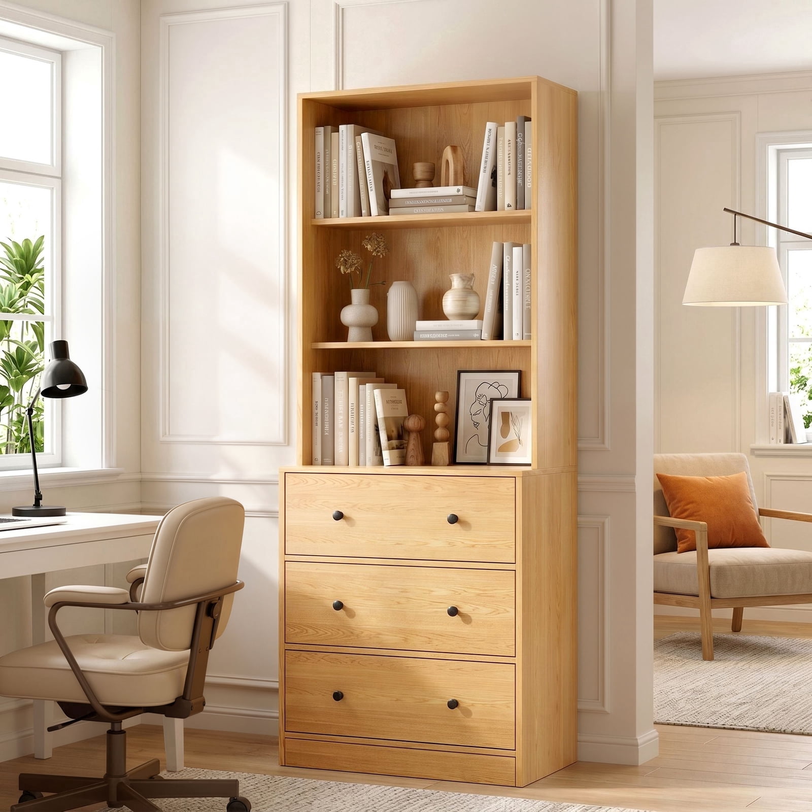 RichYa 71'' Tall Bookcase with 3 Drawers,3 Cubes Open Bookshelves,6 Tier Storage Cabinet for Home Office,Living Room,Wood