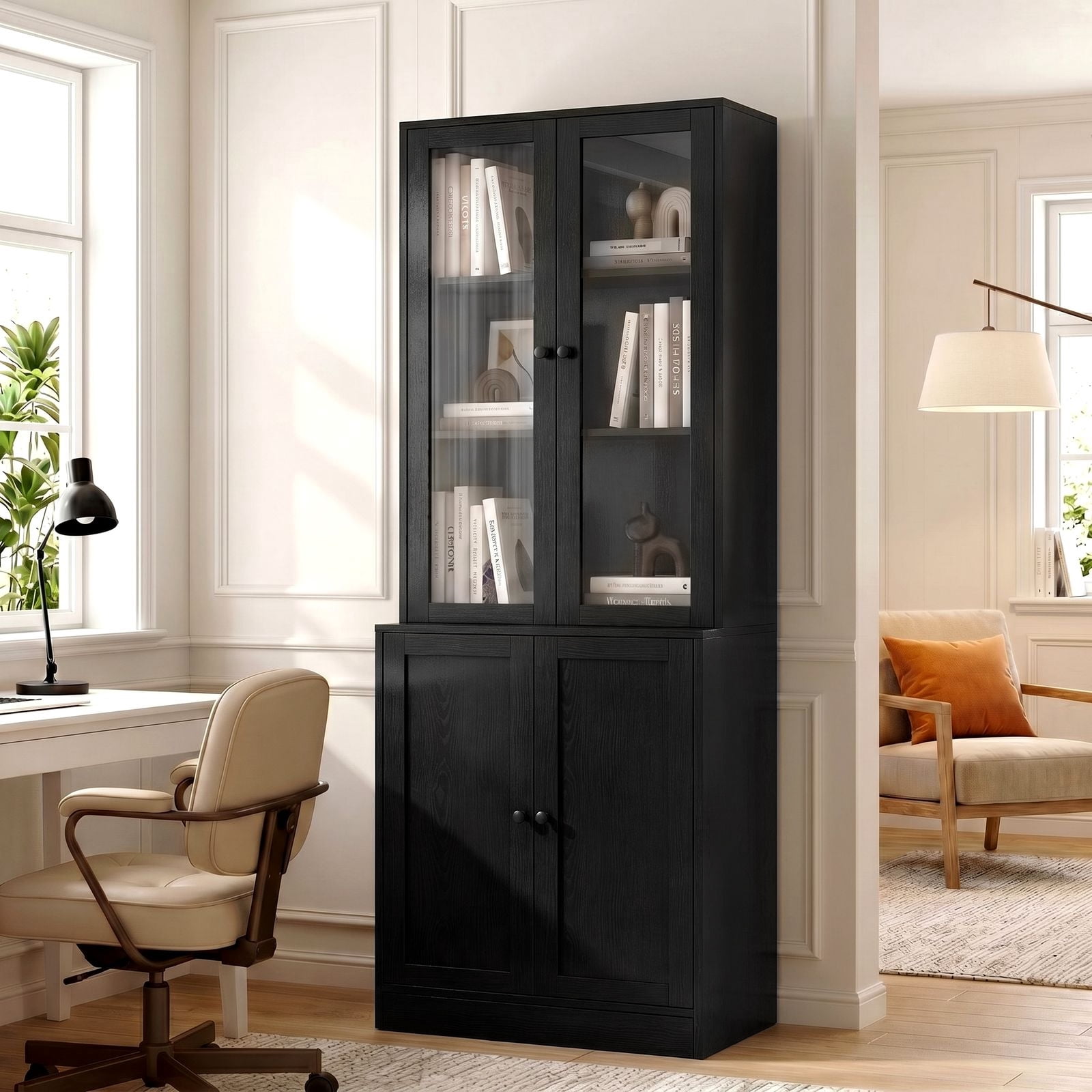 RichYa 71'' Tall Bookcase with Glass Doors, 3-Tier Display Bookshelf & 5-Tier Storage Cabinet for Home Office Living Room