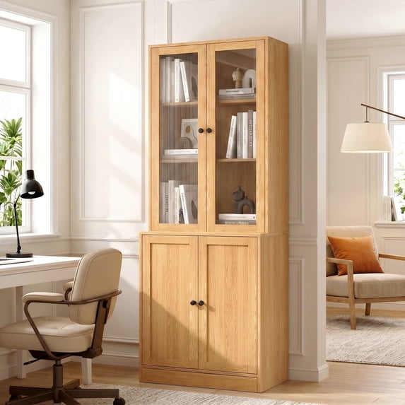RichYa 71'' Tall Bookcase with Glass Doors, 3-Tier Display Bookshelf & 5-Tier Storage Cabinet for Home Office Living Room,Wood