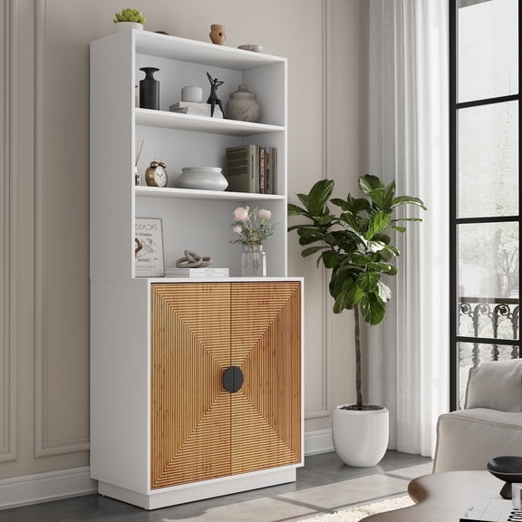 RichYa 71" Tall Wooden Bookcase with Doors,5 Shelf Bookcase with Woven Door Design for Home Office,Living Room White