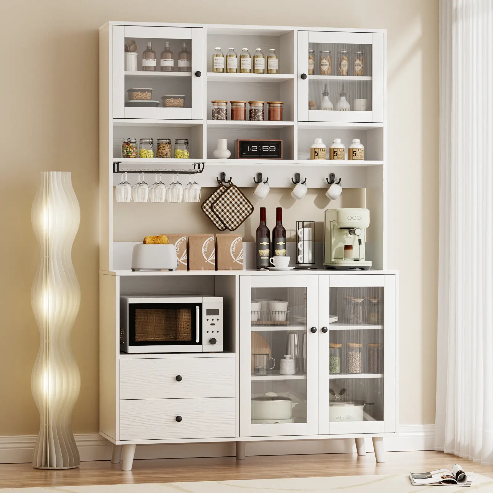 RichYa 72.5''H Pantry Cabinet with Doors & Drawers,Kitchen Storage Cabinet with Microwave Shelf & Wine Rack,Hutch Cabinet Coffee Bar for Dining Room,White