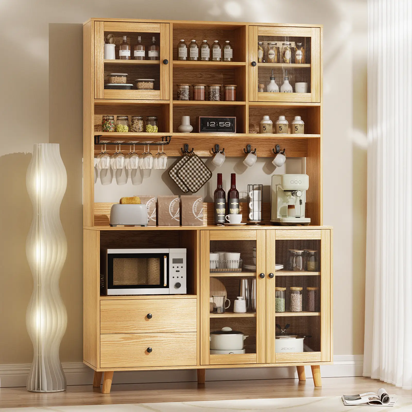 RichYa 72.5''H Pantry Cabinet with Doors & Drawers,Kitchen Storage Cabinet with Microwave Shelf & Wine Rack,Hutch Cabinet Coffee Bar for Dining Room,Wood
