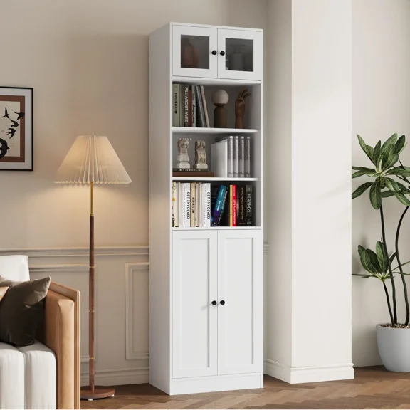 RichYa 85.5"H Tall Narrow Bookcase,7-Tier Bookshelf with 4 Doors & 3 Open Shelves, 23.62" W Sturdy Book Shelf with Storage for Living Room,Office(A)