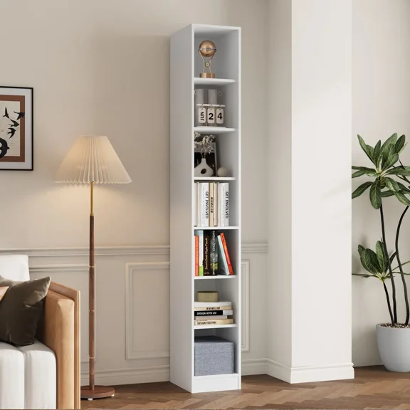 RichYa 85.5"H Tall Narrow Bookcase,7-Tier White Bookshelf with Open Shelves, 11.81" W Modern Sturdy Book Shelf with Storage for Living Room,Office(A)