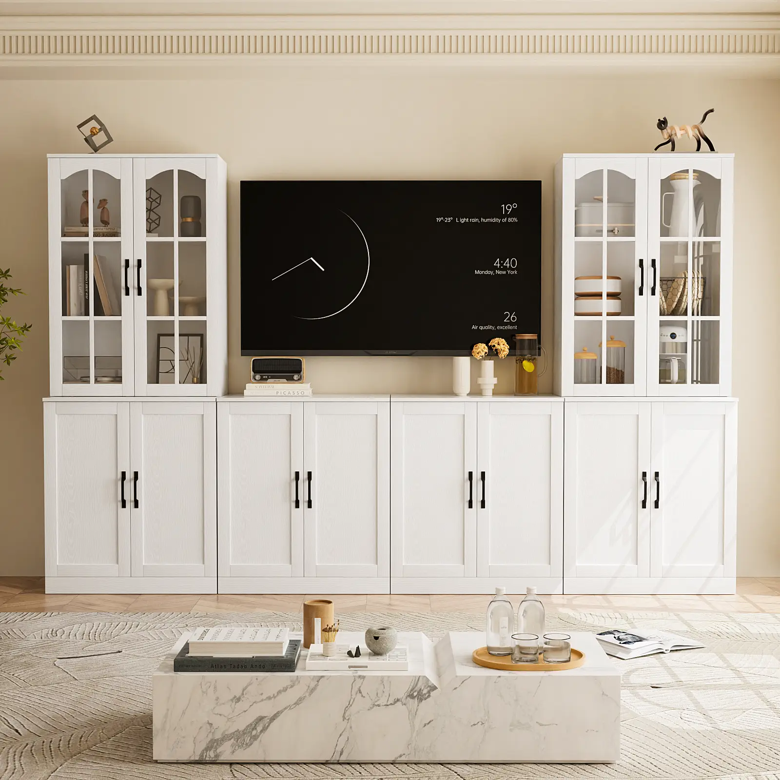 RichYa 94.4" W Entertainment Center with Bookcases for TVs up to 45", Wall Unit TV Stand with Doors for Living Room