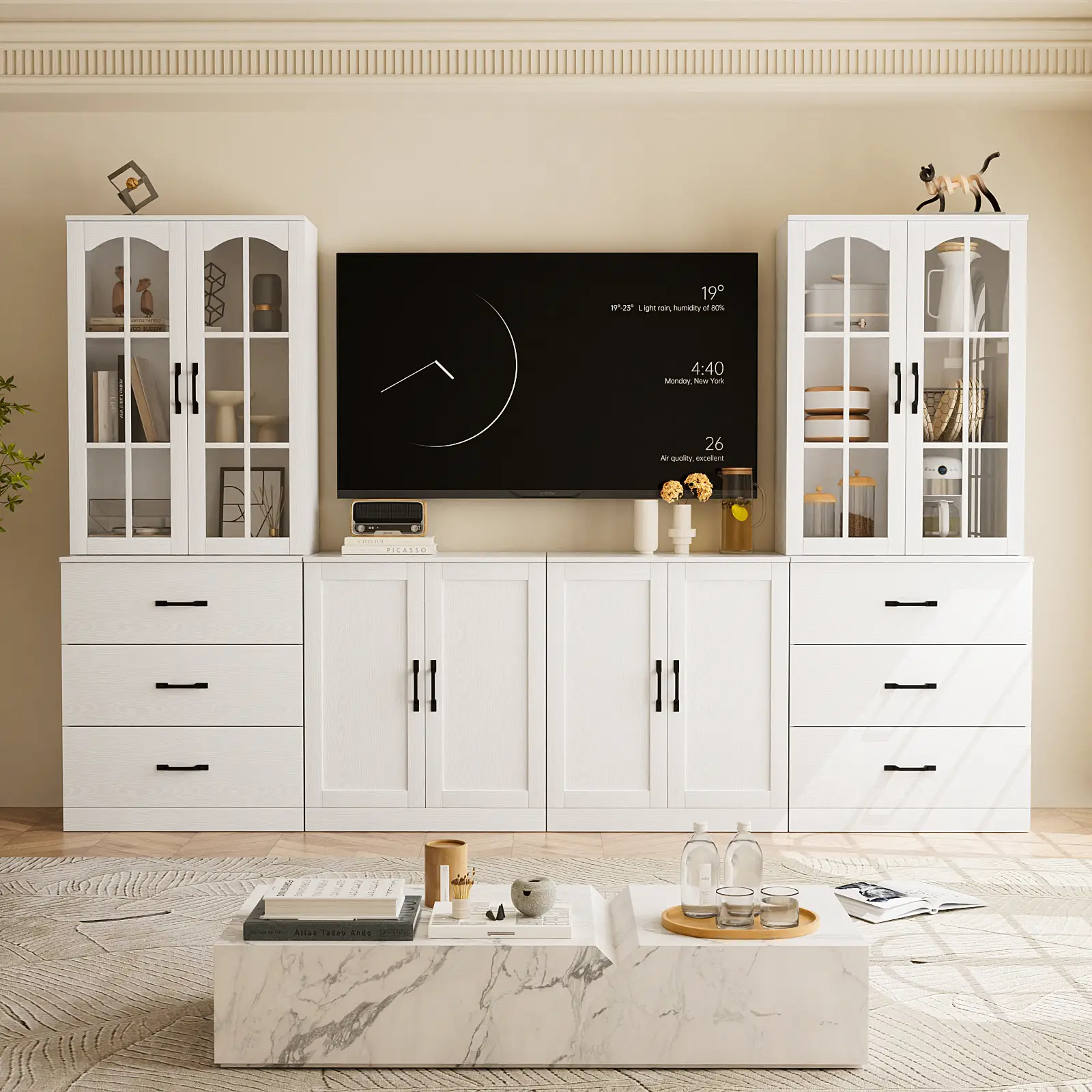 RichYa 94.4" W Entertainment Center with Bookcases for TVs up to 45", Wall Unit TV Stand with Drawers for Living Room
