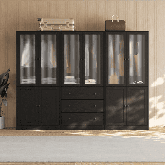 RichYa 3Pcs Armoire Wardrobe Closet with Hanging Rod,Clothes Storage Cabinet with Fluted Glass,Large Closet Organizer for Bedroom,Black(BCC)