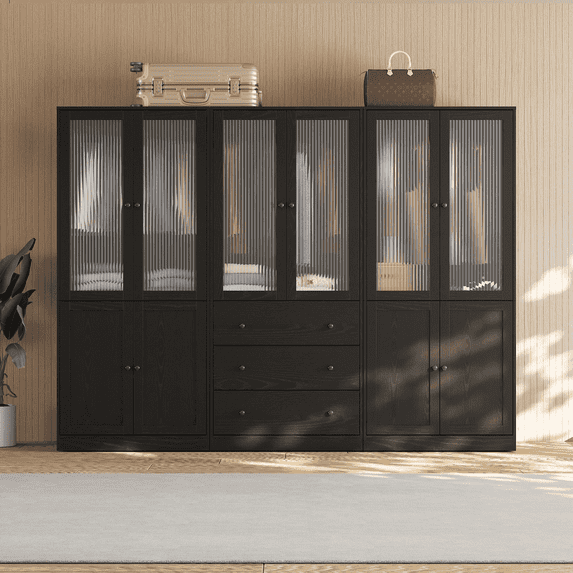 RichYa 3Pcs Armoire Wardrobe Closet with Hanging Rod,Clothes Storage Cabinet with Fluted Glass,Large Closet Organizer for Bedroom,Black(BCC)
