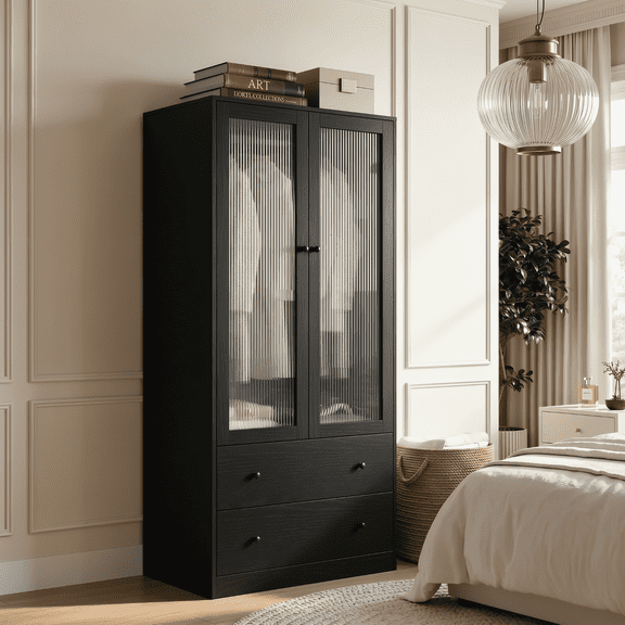 RichYa Armoire Wardrobe Closet with 2 Drawers,Clothes Storage Cabinet with Hanging Rod,Closet Organizer for Bedroom,Black(A)