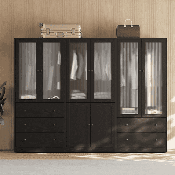 RichYa 3Pcs Armoire Wardrobe Closet with Hanging Rod,Clothes Storage Cabinet with Fluted Glass,Large Closet Organizer for Bedroom,Black(ABC)