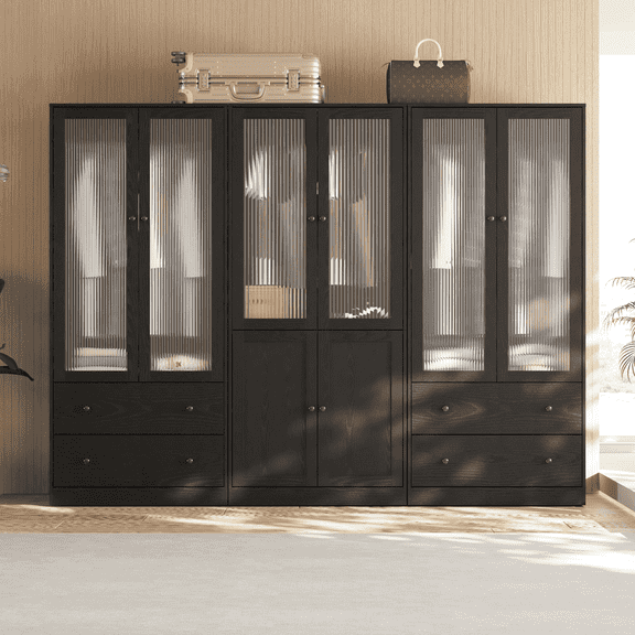 RichYa 3Pcs Armoire Wardrobe Closet with Hanging Rod,Clothes Storage Cabinet with Fluted Glass,Large Closet Organizer for Bedroom,Black(AAC)