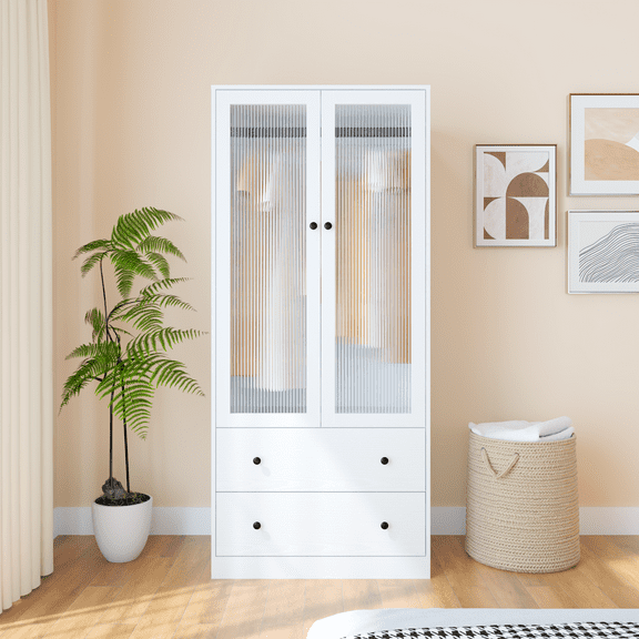RichYa Armoire Wardrobe Closet with 2 Drawers,Clothes Storage Cabinet with Hanging Rod,Closet Organizer for Bedroom,White(A)