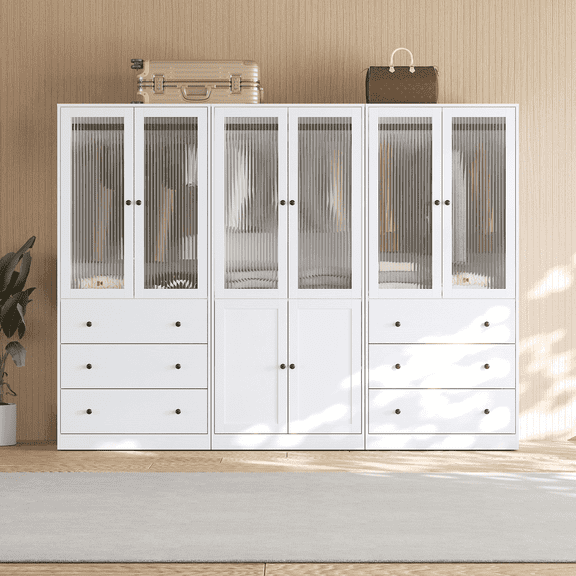 RichYa 3Pcs Armoire Wardrobe Closet with Hanging Rod,Clothes Storage Cabinet with Fluted Glass,Large Closet Organizer for Bedroom,White(BBC)