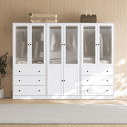 RichYa 3Pcs Armoire Wardrobe Closet with Hanging Rod,Clothes Storage Cabinet with Fluted Glass,Large Closet Organizer for Bedroom,WhiteBBC