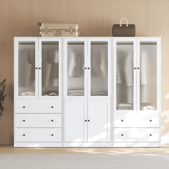 RichYa 3Pcs Armoire Wardrobe Closet with Hanging Rod,Clothes Storage Cabinet with Fluted Glass,Large Closet Organizer for Bedroom,White(ABC)