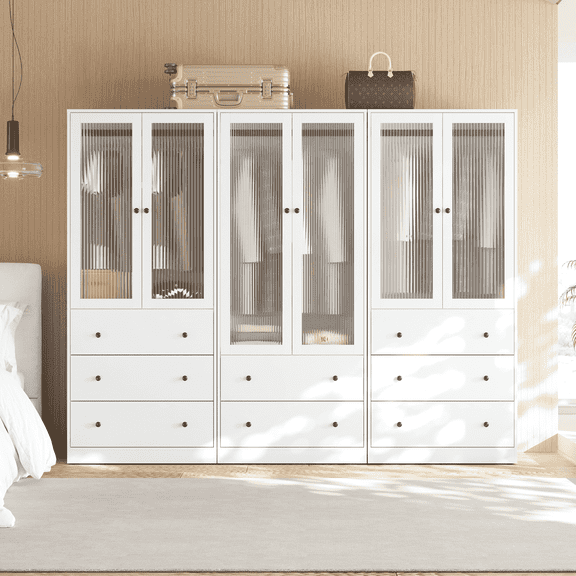 RichYa 3Pcs Armoire Wardrobe Closet with Hanging Rod,Clothes Storage Cabinet with Fluted Glass,Large Closet Organizer for Bedroom,White(ABB)