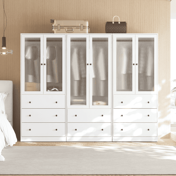 RichYa 3Pcs Armoire Wardrobe Closet with Hanging Rod,Clothes Storage Cabinet with Fluted Glass,Large Closet Organizer for Bedroom,White(ABB)