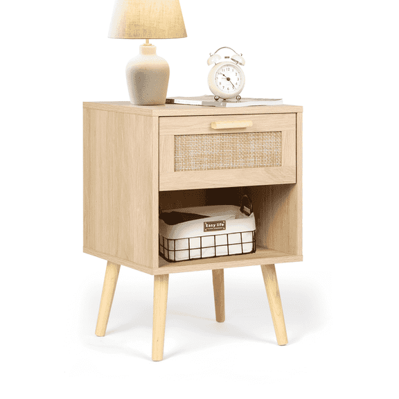 RichYa Rattan Nightstand - Night Stand with 1 Drawer and Solid Wood Legs, Side Table with Storage for Bedroom