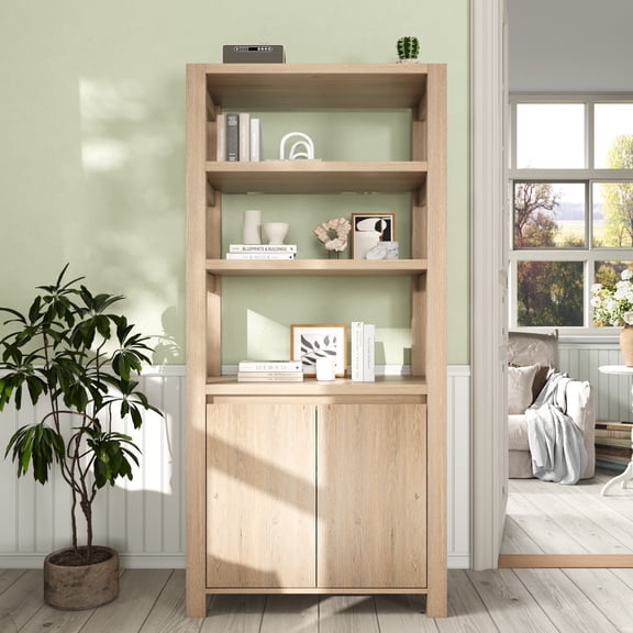 RichYa Bookcase with Doors & 3-Tier Open Shelves,Bottom Closed Storage Cabinet for Living Room,Home Office,Wood