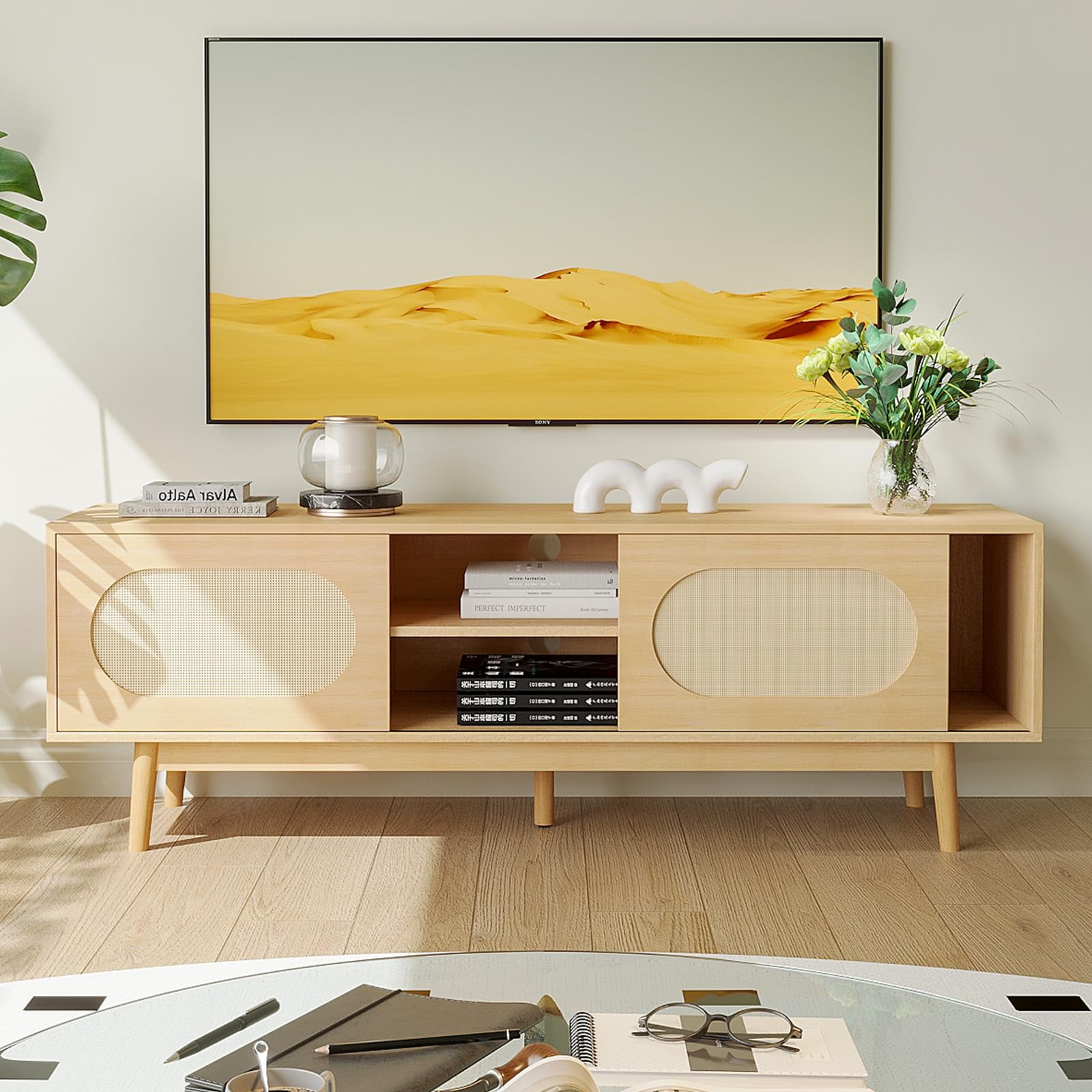 RichYa Farmhouse Rattan TV Stand for 55/60/65 inch TV, Modern