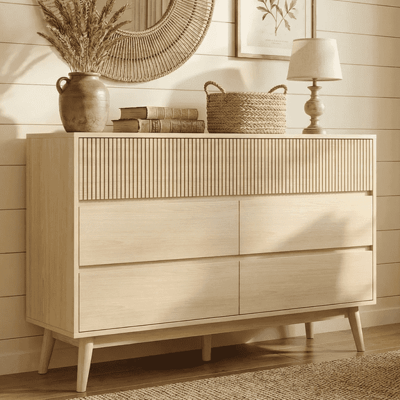 RichYa Wooden Dresser for Bedroom with 7 Drawers,Fluted Dresser with Handleless Design,Chest of Drawers & TV Stand,Closet Storage Organizer for Living Room, Kids Room
