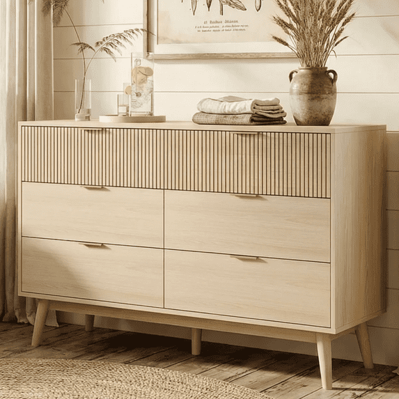 RichYa Fluted 6-Drawer Dresser for Bedroom, Chest of Drawers with Metal Handle,Wooden TV Stand for Living Room, Nursery