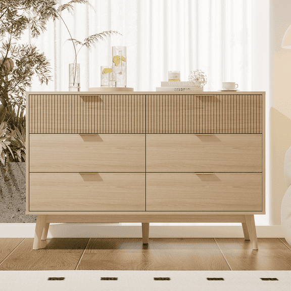 RichYa Fluted 6-Drawer Dresser for Bedroom, Chest of Drawers with Storage,Wooden TV Stand for Living Room, Nursery