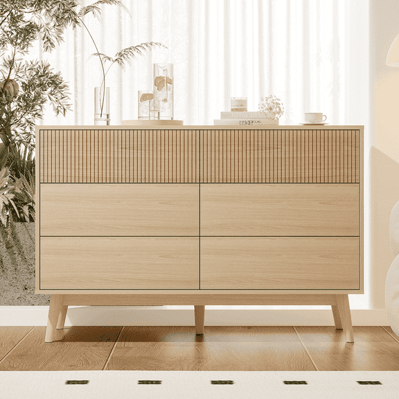 RichYa Fluted 6-Drawer Dresser for Bedroom, Chest of Drawers with Storage,Wooden TV Stand for Living Room, Nursery