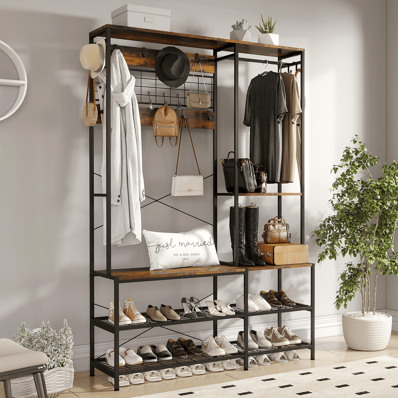 LITTLE TREE Entryway Bench With Shoe Rack & Coat Hooks - Grey Hall Tree For Small Spaces