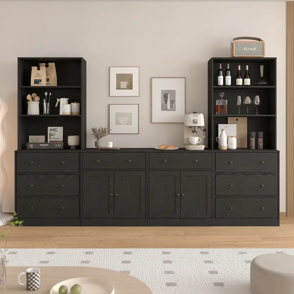 RichYa Kitchen Hutch Pantry Cabinets,94.4''W Modular Furniture Cabinets with Microwave Shelf,Sideboard Buffet Cabinet with Doors and Shelves for Dining Room,Living Room,Black