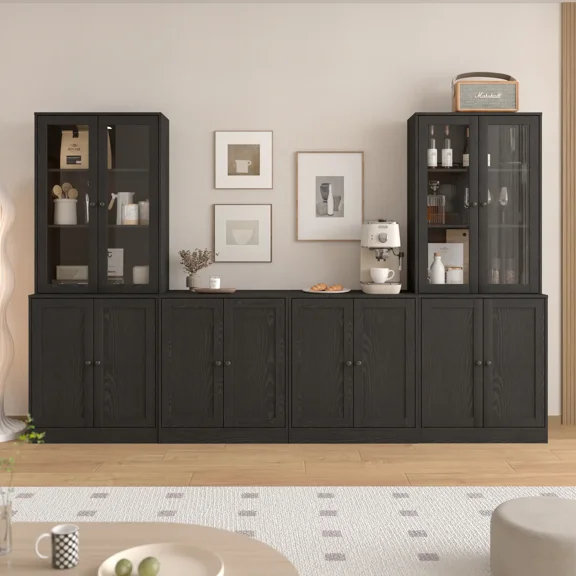 RichYa Kitchen Hutch Pantry Cabinets,94.4''W Modular Furniture Cabinets with Microwave Shelf,Sideboard Buffet Cabinet with Doors and Shelves for Dining Room,Living Room,Black