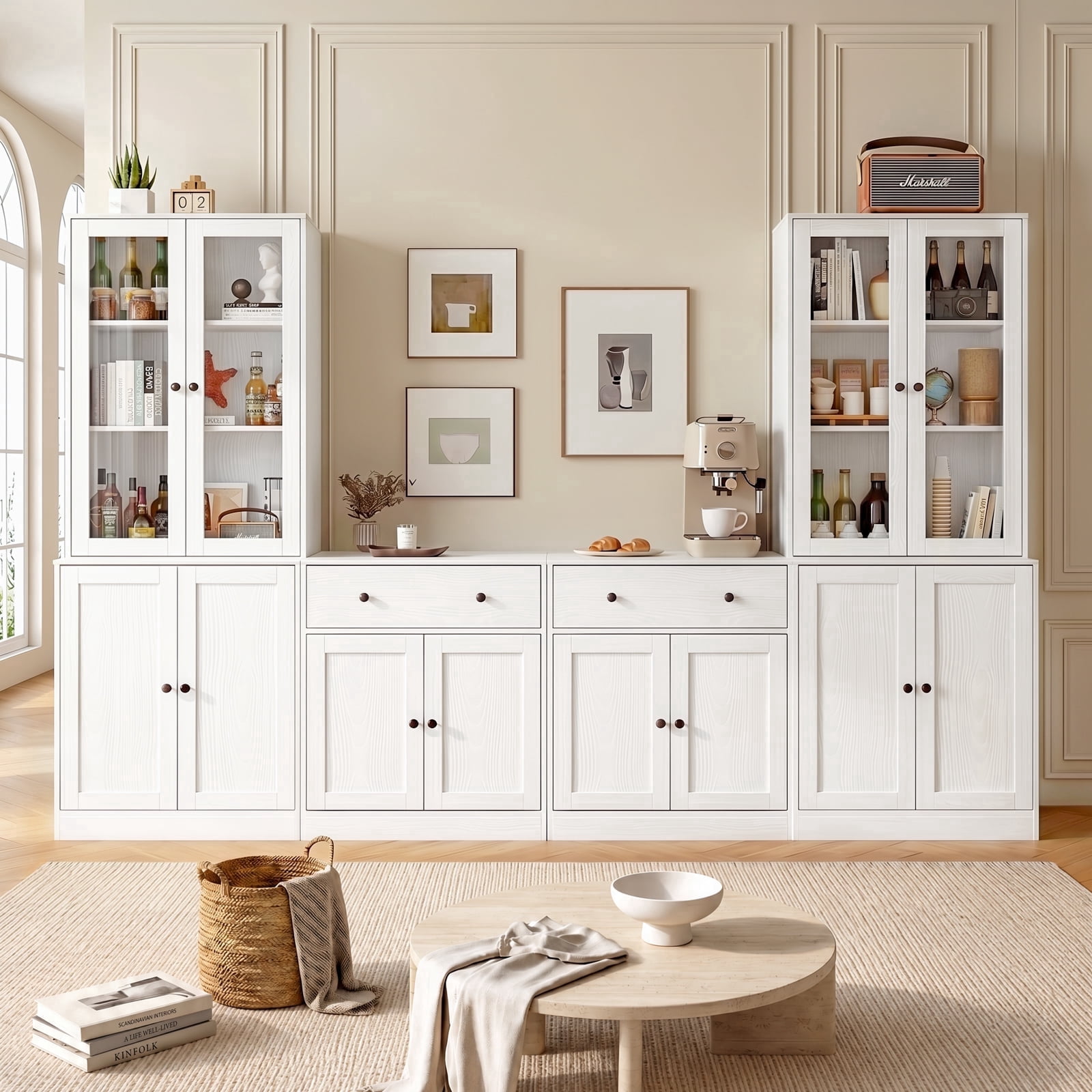 RichYa Kitchen Pantry Storage Cabinets,94.4''W Modular Furniture Cabinets with Hutch,Sideboard Buffet Cabinet with Doors and Shelves for Dining Room,Living Room,White