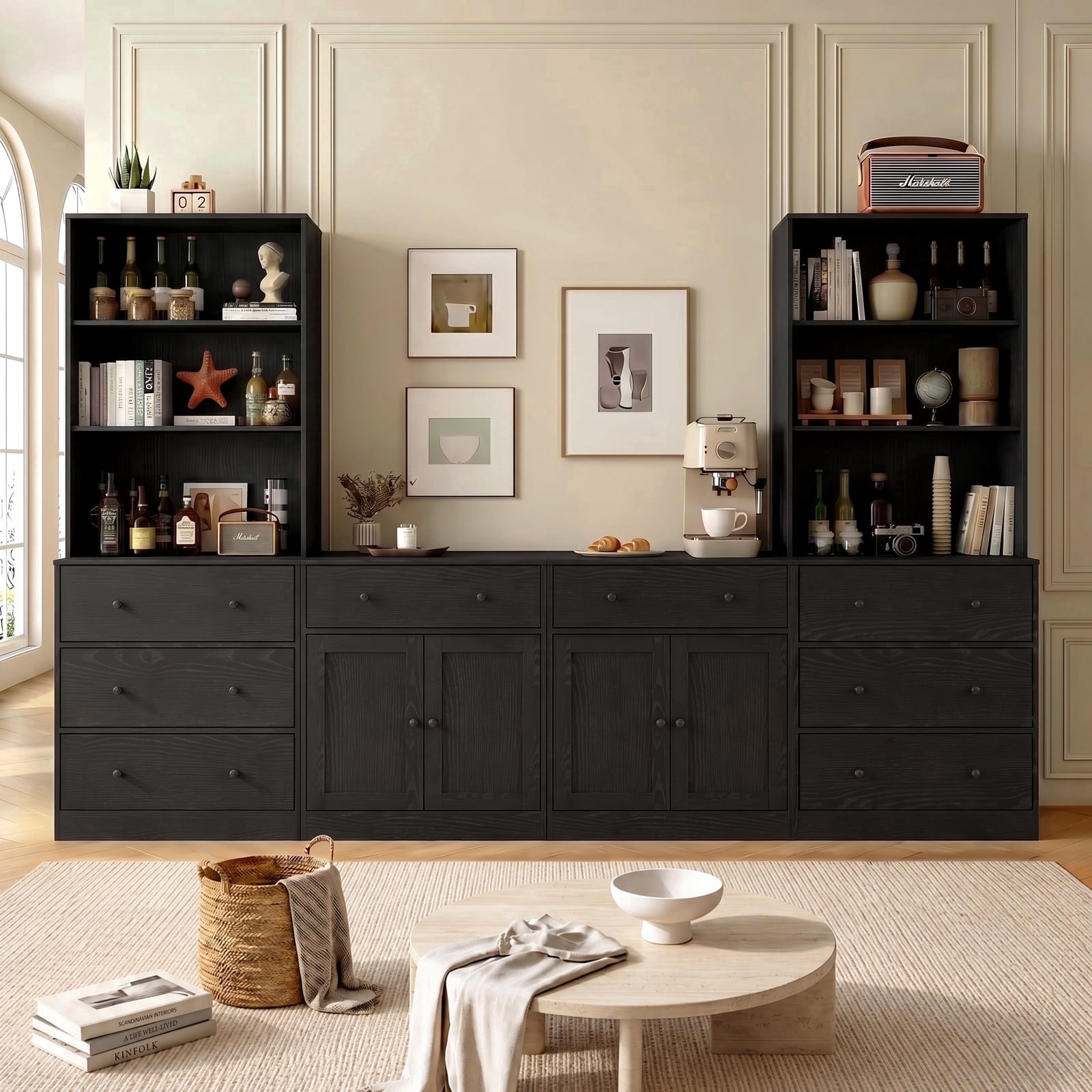 RichYa Kitchen Pantry Storage Cabinets,94.4''W Modular Furniture Cabinets with Hutch,Sideboard Buffet Cabinet with Doors and Shelves for Dining Room,Living Room,Black
