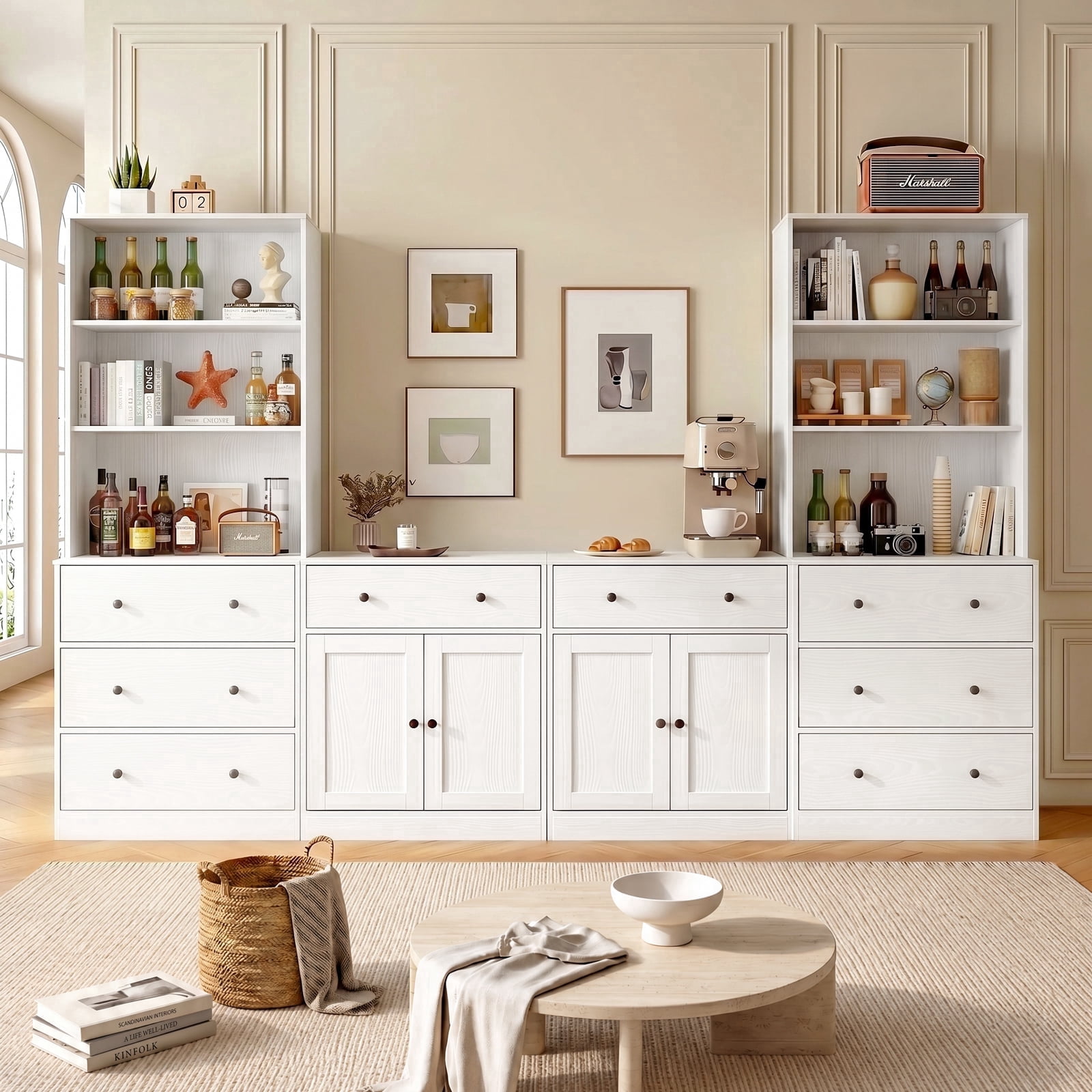 RichYa Kitchen Pantry Storage Cabinets,94.4''W Modular Furniture Cabinets with Hutch,Sideboard Buffet Cabinet with Doors and Shelves for Dining Room,Living Room,White