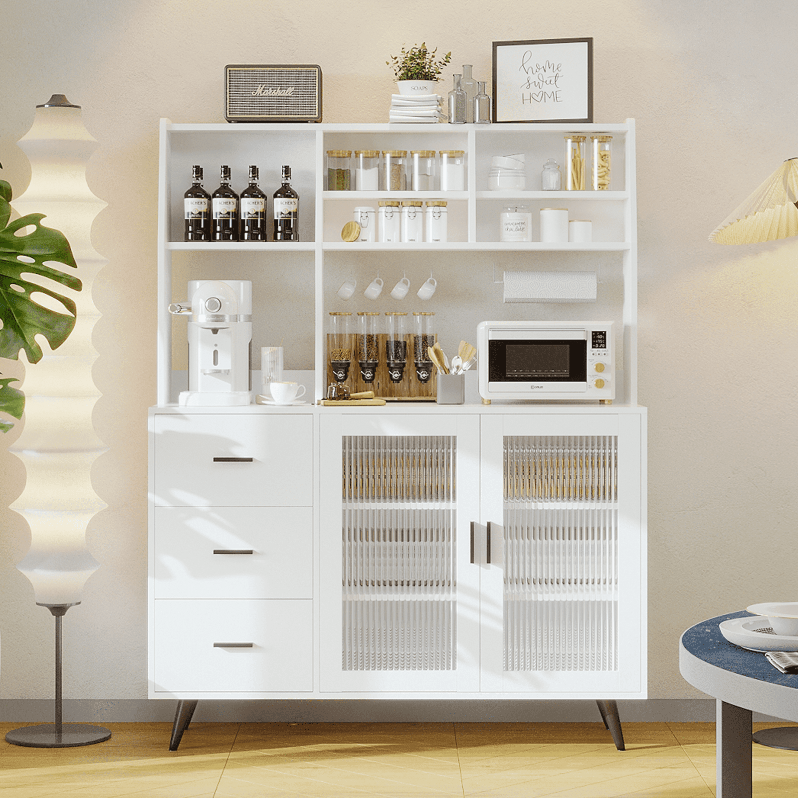 RichYa 59.6"H Kitchen Hutch Cabinet with Glass Door,Freestanding Pantry Storage Cabinets with Countertop & Adjustable Shelves for Dining Room,White