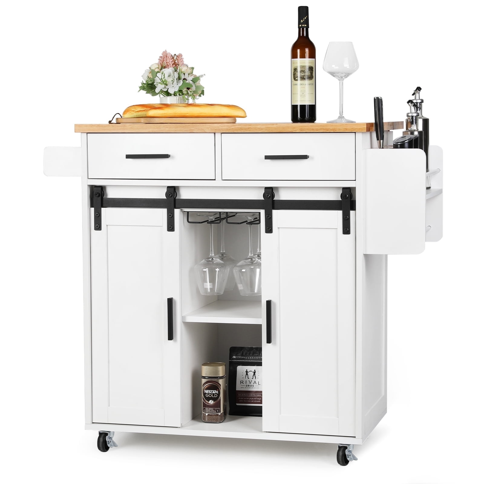 54" Kitchen Island Cart With Drop Leaf – Rolling Cart With Drawers, Spice Rack, Wheels, White