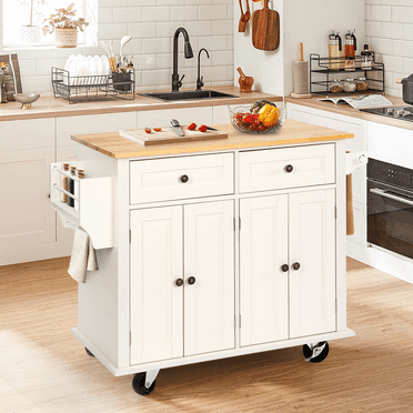 RichYa Kitchen Islands with Storage, Rolling Kitchen Cart with Lockable Wheels, Rubber Wood Kitchen Island Microwave Table for Kitchen, Living Room, White