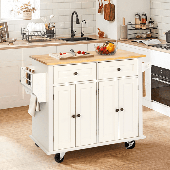 RichYa Kitchen Islands with Storage, Rolling Kitchen Cart with Lockable Wheels, Rubber Wood Kitchen Island Microwave Table for Kitchen, Living Room, White