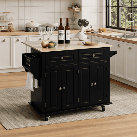 RichYa Rolling Kitchen Islands Cart on Wheels with Storage and Drop Leaf, Microwave Table with Rubber Wood Top, Drawers and Spice & Towel Rack,Black