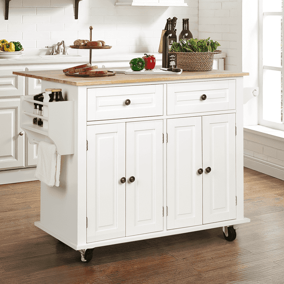 RichYa Rolling Kitchen Islands Cart on Wheels with Drop Leaf, Microwave Table with Rubber Wood Top, Drawers and Spice & Towel Rack