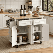 RichYa Kitchen Island with Storage and Drop Leaf, Kitchen Islands Cart on Wheels, Microwave Table with Rubber Wood Top, Drawers and Spice &amp; Towel Rack