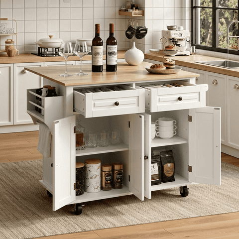 RichYa Kitchen Island with Storage and Drop Leaf, Kitchen Islands Cart on Wheels, Microwave Table with Rubber Wood Top, Drawers and Spice & Towel Rack