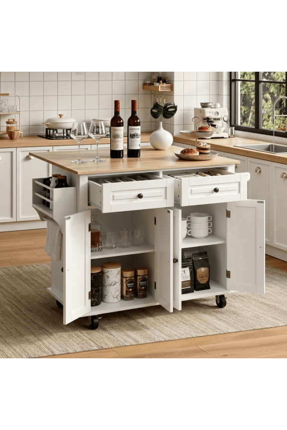 Kitchen Island with Storage and Drop Leaf, Kitchen Islands Cart on Wheels, Microwave Table with Rubber Wood Top, Drawers and Spice & Towel Rack