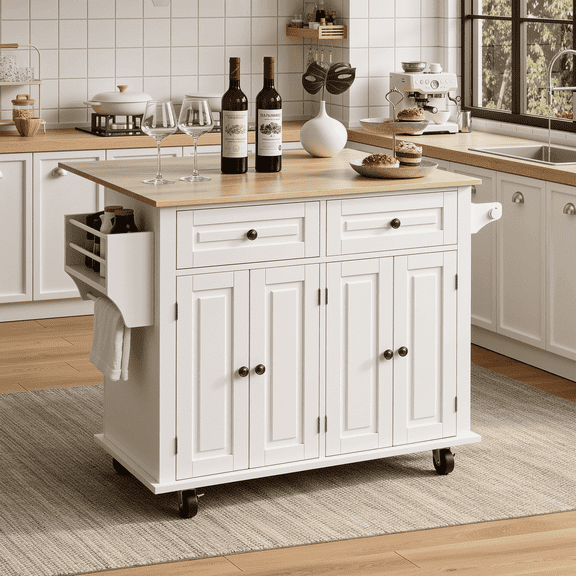 RichYa Rolling Kitchen Islands Cart on Wheels with Storage and Drop Leaf, Microwave Table with Rubber Wood Top, Drawers and Spice & Towel Rack