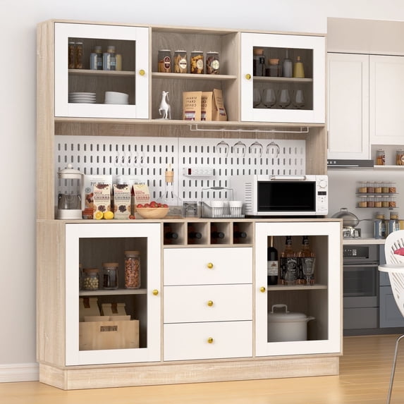 RichYa Kitchen Pantry 63" Spacious Countertop Hutch Cabinet with 3 Drawers Wine Bottle Rack Cup Holder & Power Strip Wood Color+White
