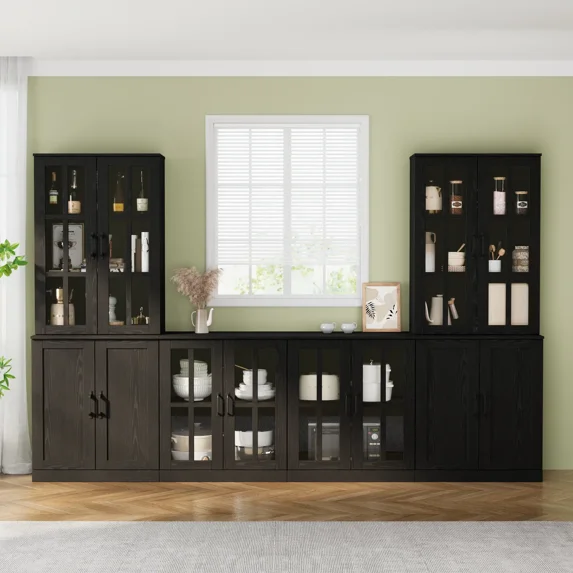 RichYa Kitchen Pantry Cabinet Set of 4,94" W Buffet Sideboard Coffee Bar with Glass Door Hutch,Modular Storage Cabinets with Display Shelves for Dining Room,Black(BFFB)