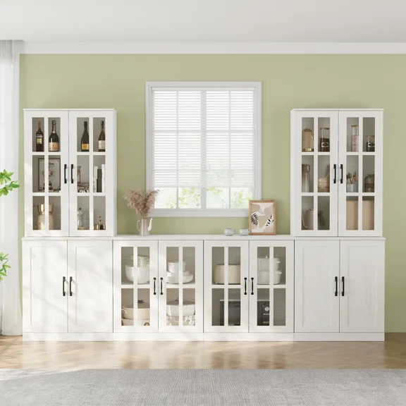 RichYa Kitchen Pantry Cabinet Set of 4,94" W Buffet Sideboard Coffee Bar with Glass Door Hutch,Modular Storage Cabinets with Display Shelves for Dining Room,White(BFFB)