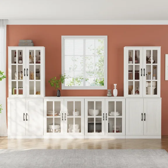 RichYa Kitchen Pantry Cabinet Set of 4,111" W Buffet Sideboard Coffee Bar with Glass Door Hutch,Modular Storage Cabinets with Display Shelves for Dining Room,White(BGGB)